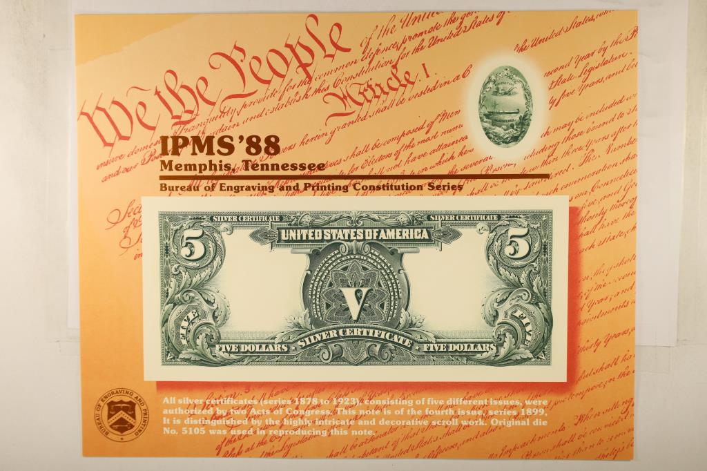 IPMS '88 MEMPHIS, TENNESSEE SOUVENIR CARD: FEATURING THE ENGRAVING OF THE REVERSE 1899 SERIES $5 SILVER CERTIFICATE PRINTED BY THE BUREAU OF ENGRAVING AND PRINTING