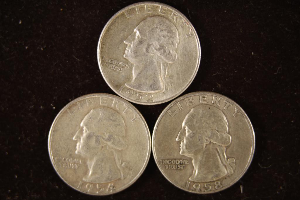 1952-S, 1954-D & 1958-D WASHINGTON SILVER QUARTERS (1 of 2)