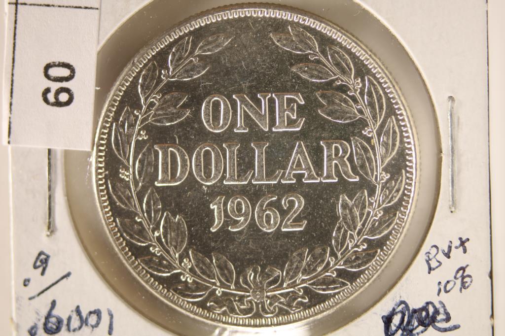1962 LIBERIA SILVER ONE DOLLAR .6001 ASW BU: WATCH FOR OUR NEXT AUCTION ON MONDAY JUNE 13TH, 2022 AT 7 PM EDT