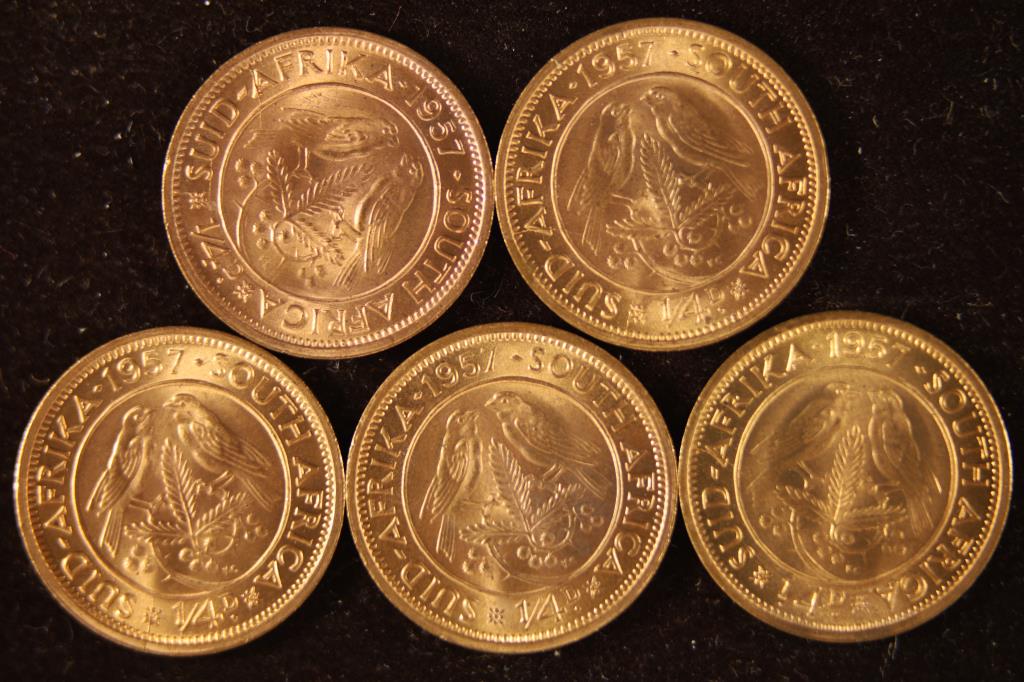 5 - 1957 SOUTH AFRICA 1/4D CENT COINS BRILLINT UNC: WATCH FOR OUR NEXT AUCTION ON MONDAY JUNE 13TH, 2022 AT 7 PM EDT