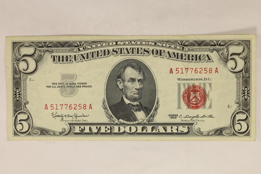1963 US $5 RED SEAL NOTE CRISP (1 of 2)
