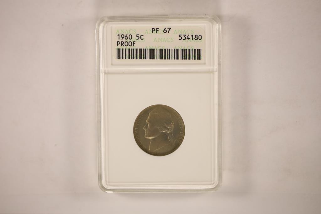 1960 JEFFERSON NICKEL ANACS PF67 PROOF: WATCH FOR OUR NEXT AUCTION ON MONDAY JUNE 13TH, 2022 AT 7 PM EDT