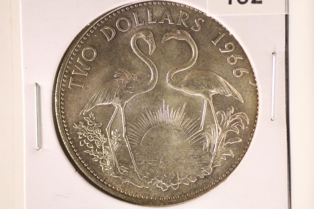 1966 BAHAMAS SILVER 2 DOLLARS .8862 ASW UNC: WATCH FOR OUR NEXT AUCTION ON MONDAY JUNE 13TH, 2022 AT 7 PM EDT