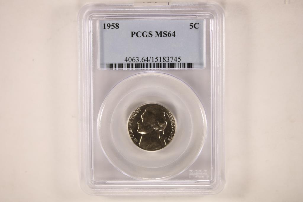 1958 JEFFERSON NICKEL PCGS MS64: WATCH FOR OUR NEXT AUCTION ON MONDAY JUNE 13TH, 2022 AT 7 PM EDT
