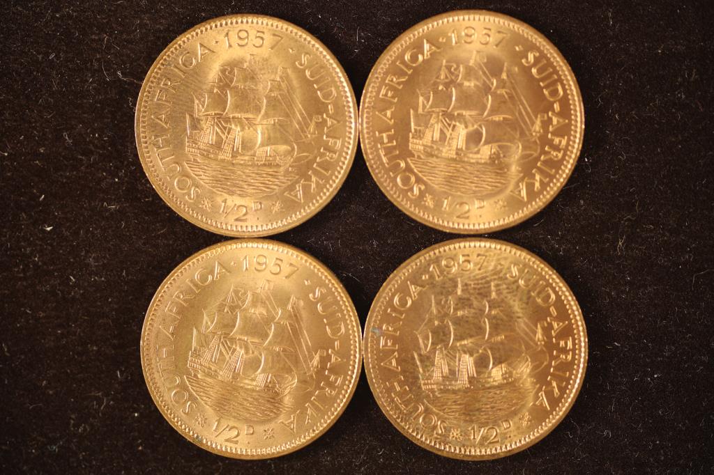 4 - 1957 SOUTH AFRICA 1/2D CENT COINS BRILLINT UNC: WATCH FOR OUR NEXT AUCTION ON MONDAY JUNE 13TH, 2022 AT 7 PM EDT