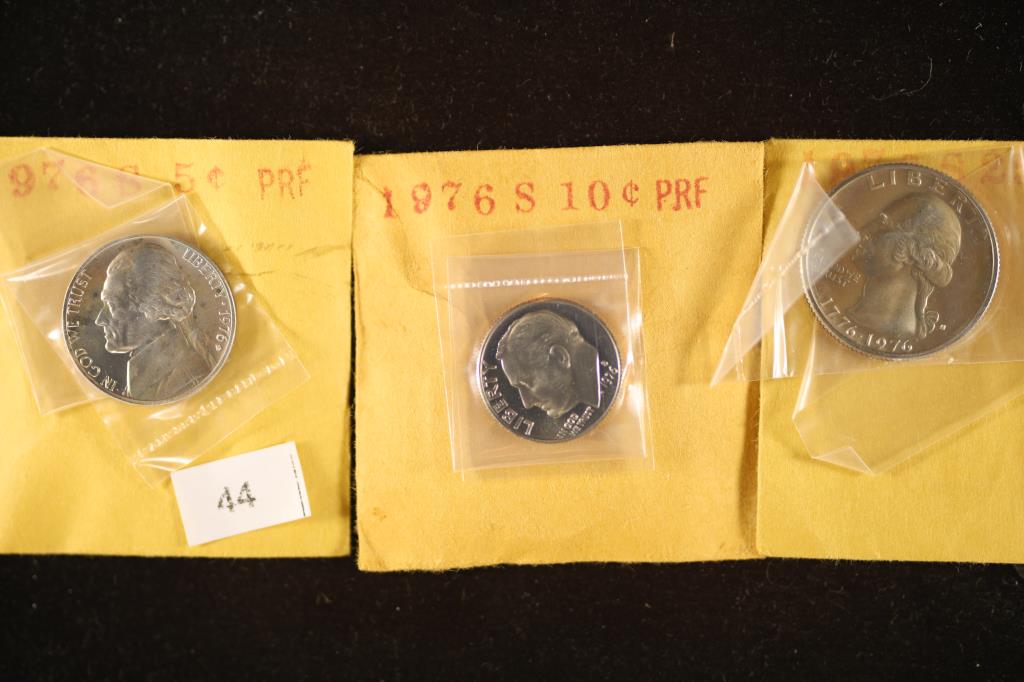 3 COIN PROOF SET: 1976-S JEFFERSON NICKEL: 1976-S ROOSEVELT DIME AND 1976-S WASHINGTON QUARTER