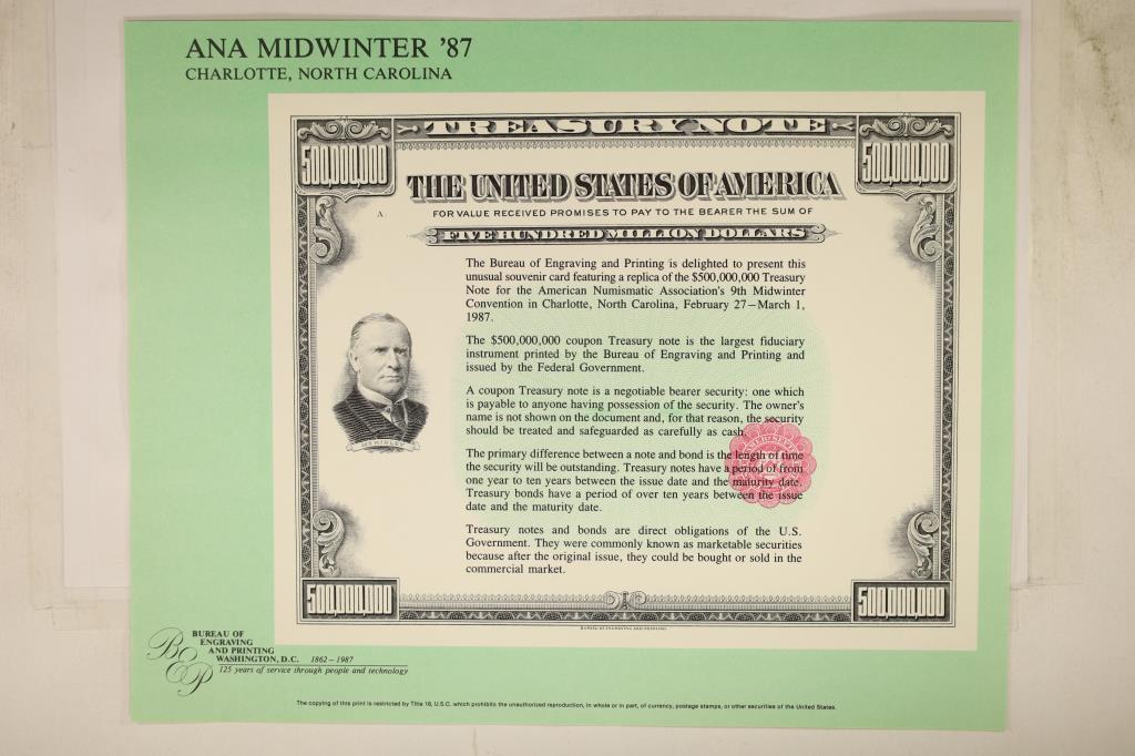 ANA MID WINTER '87 CHARLOTTE, NORTH CAROLINA: SOUVENIR CARD FEATURING A REPLICA OF THE 500,000,000 DOLLAR US TREASURY NOTE