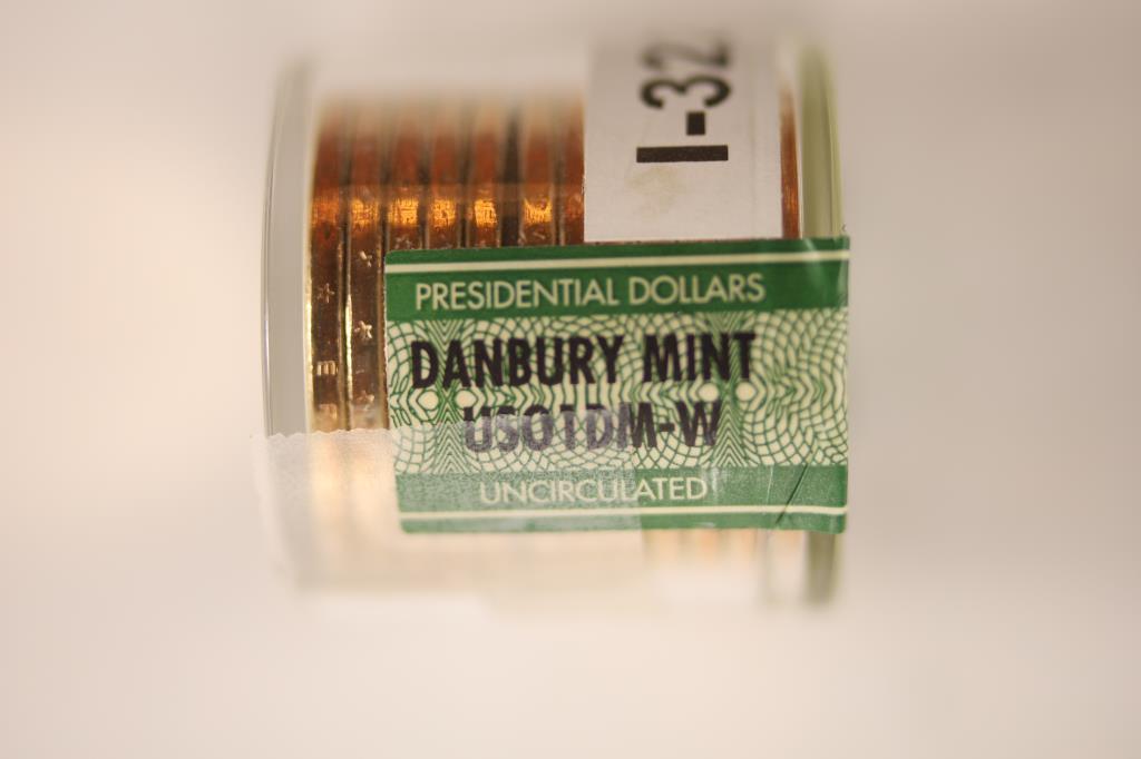 ROLL OF 12 BRILLIANT UNC PRESIDENTIAL DOLLARS:: JOHN TAYLOR, ORIGINAL SEALED DANBURY MINT