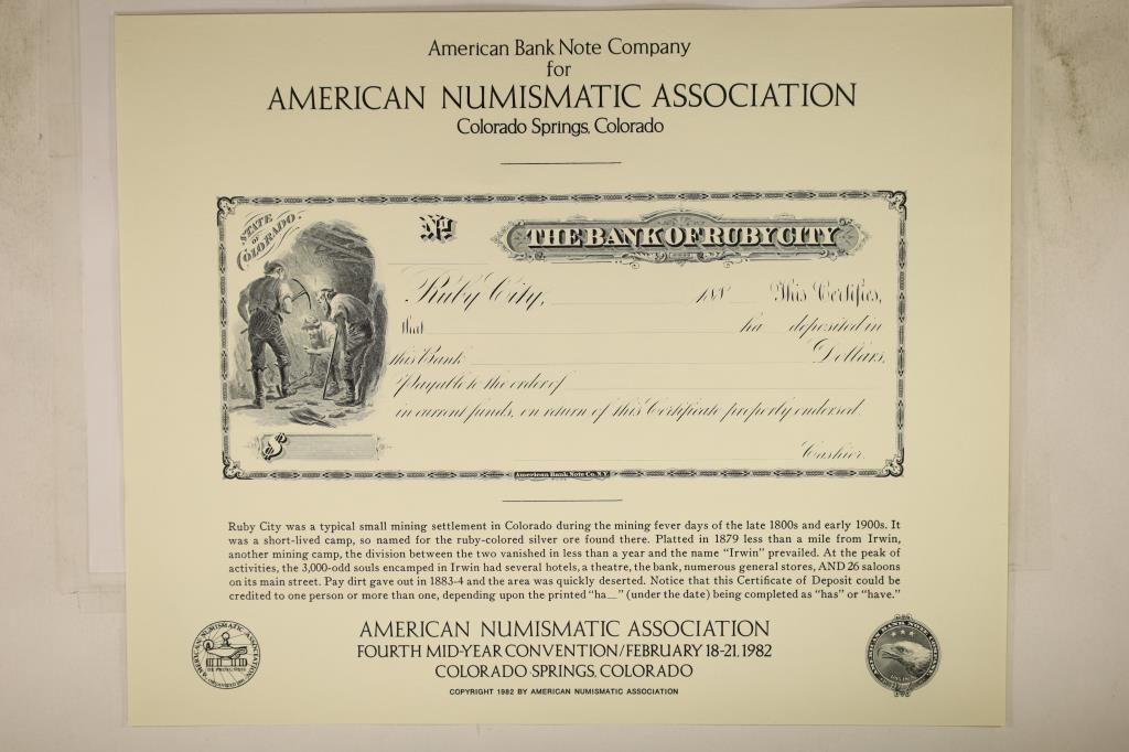 ANA 1982 COLORADO SPRINGS, COLORADO 4TH MID: YEAR CONVENTION FEATURING AN INTAGLIO PRINT OF A 1879 THE BANK OF RUBY CITY CERTIFICATE OF DEPOSIT, PRINTED BY THE BUREAU OF ENGRAVING AND PRINTING