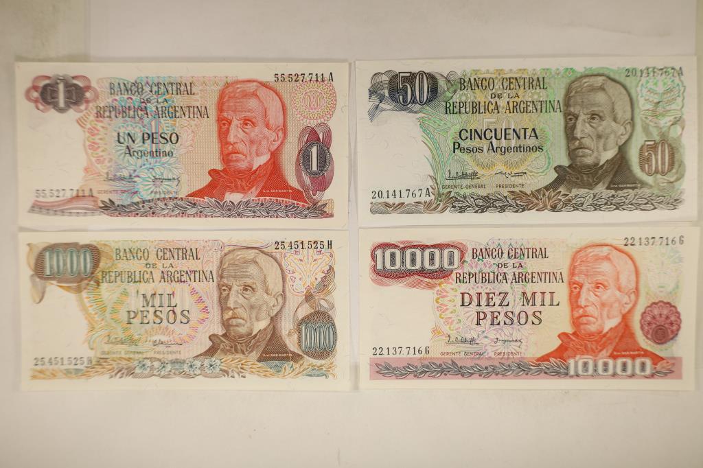 4 - BANK OF ARGENTINA CRISP UNC BILLS: 1 PESO, 50: PESO, 1000 PESO AND 10,000 PESO