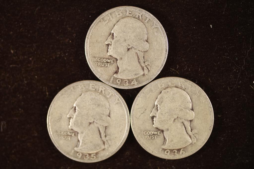 1934, 1935 & 1936 WASHINGTON SILVER QUARTERS (1 of 2)