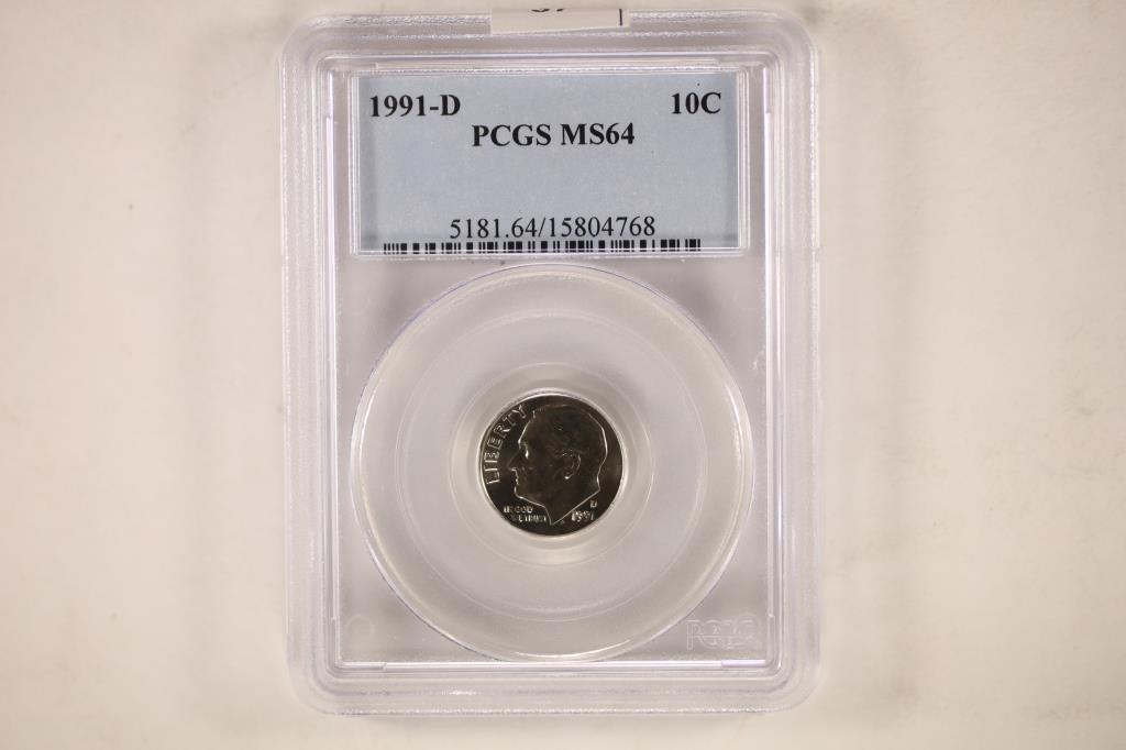 1991-D ROOSEVELT DIME PCGS MS64: WATCH FOR OUR NEXT AUCTION ON MONDAY JUNE 27TH, 2022 AT 7 PM EDT