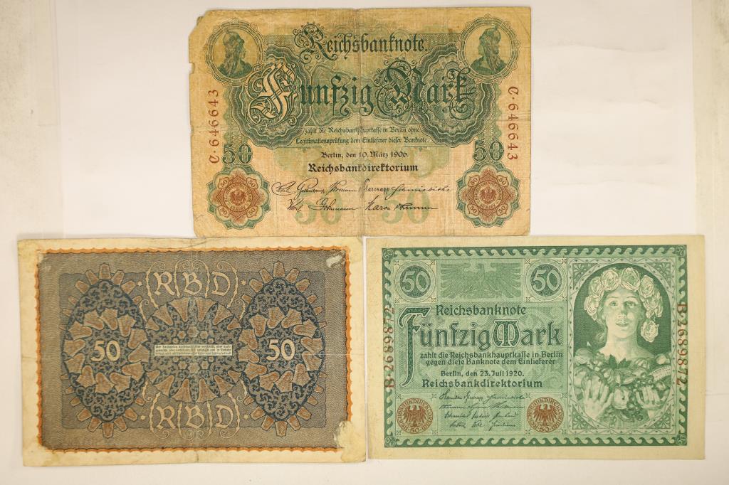 3 GERMAN 50 MARK BANK NOTES: 1906, 1919 & (1 of 2)