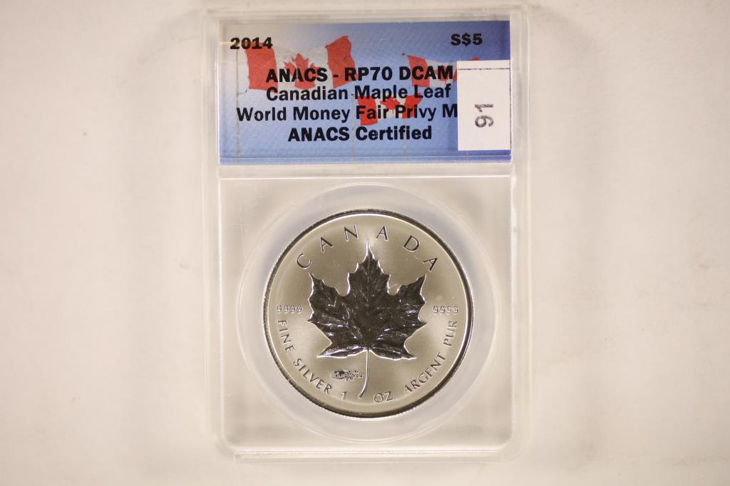 2014 SILVER CANADA MAPLE LEAF ANACS RP70 DCAM: WORLD MONEY FAIR PRIVY MARK