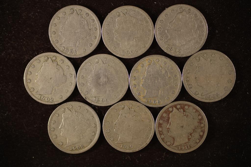 10 ASSORTED LIBERTY "V" NICKELS: 1901 - 1911: WATCH FOR OUR NEXT AUCTION ON MONDAY JUNE 27TH, 2022 AT 7 PM EDT