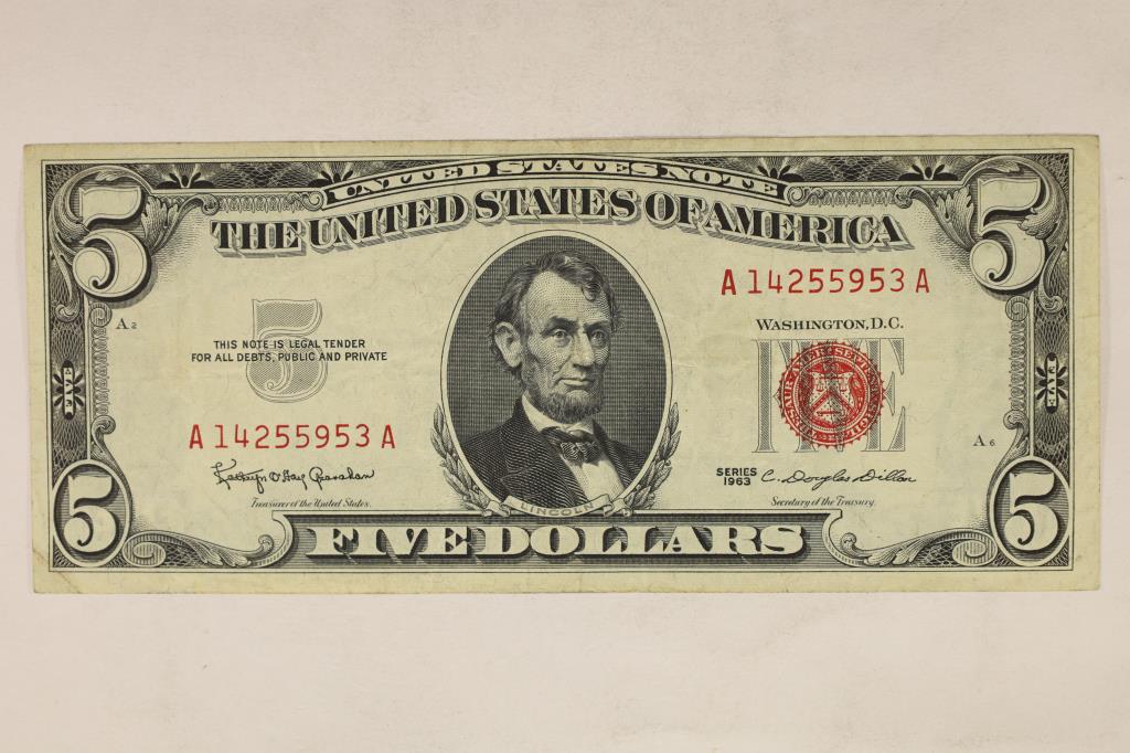 1953 US $5 NOTE RED SEAL CRISP (1 of 2)
