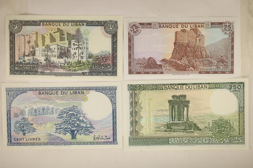 4-BANK OF LEBANON CRISP UNC NOTES: 25 LIVRES,: 50 LIVRES, 100 LIVRES AND 250 LIVRES