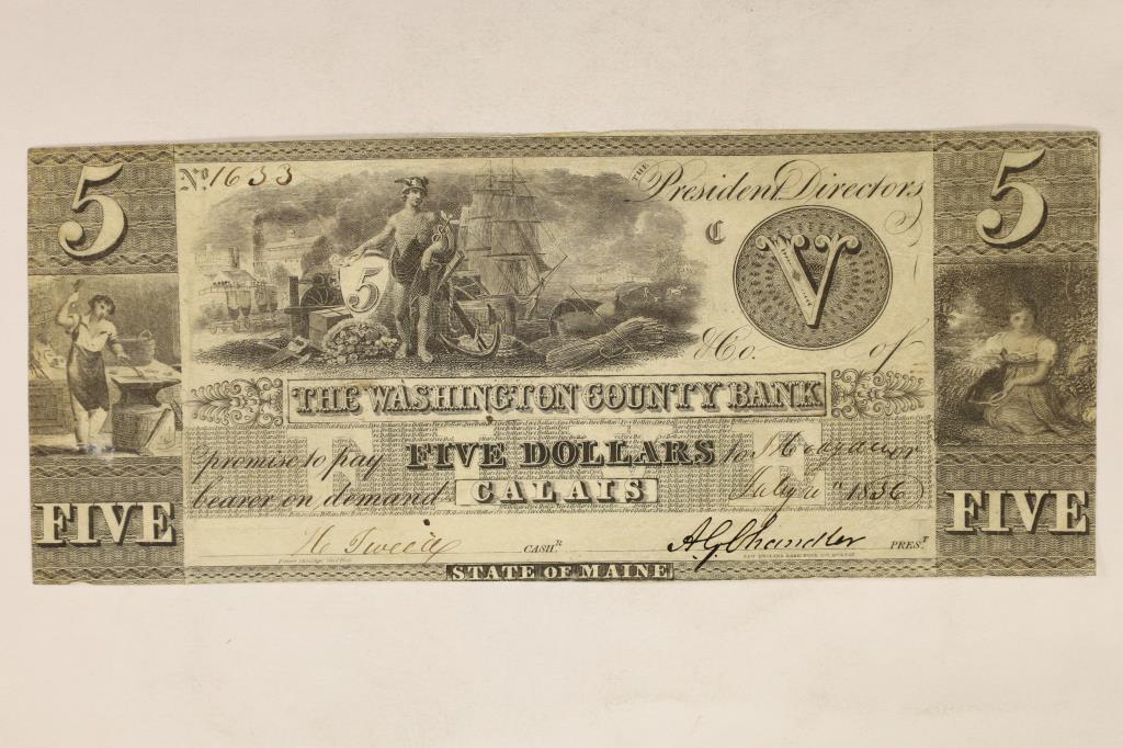 1836 THE WASHINGTON COUNTY BANK $5 OBSOLETE BANK (1 of 2)