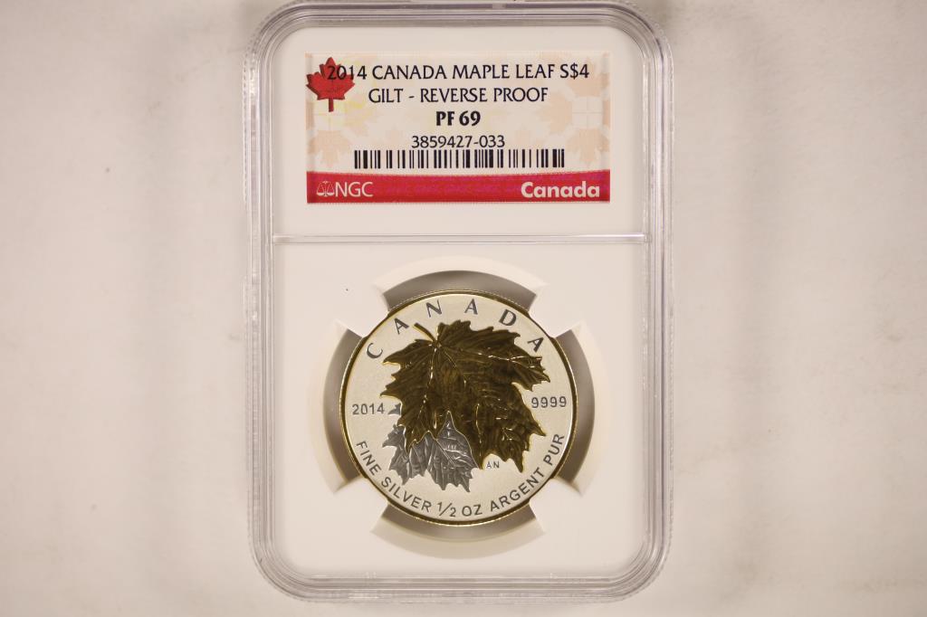 2014 SILVER CANADA $4 MAPLE LEAF GILT REV. PROOF: NGC PF69