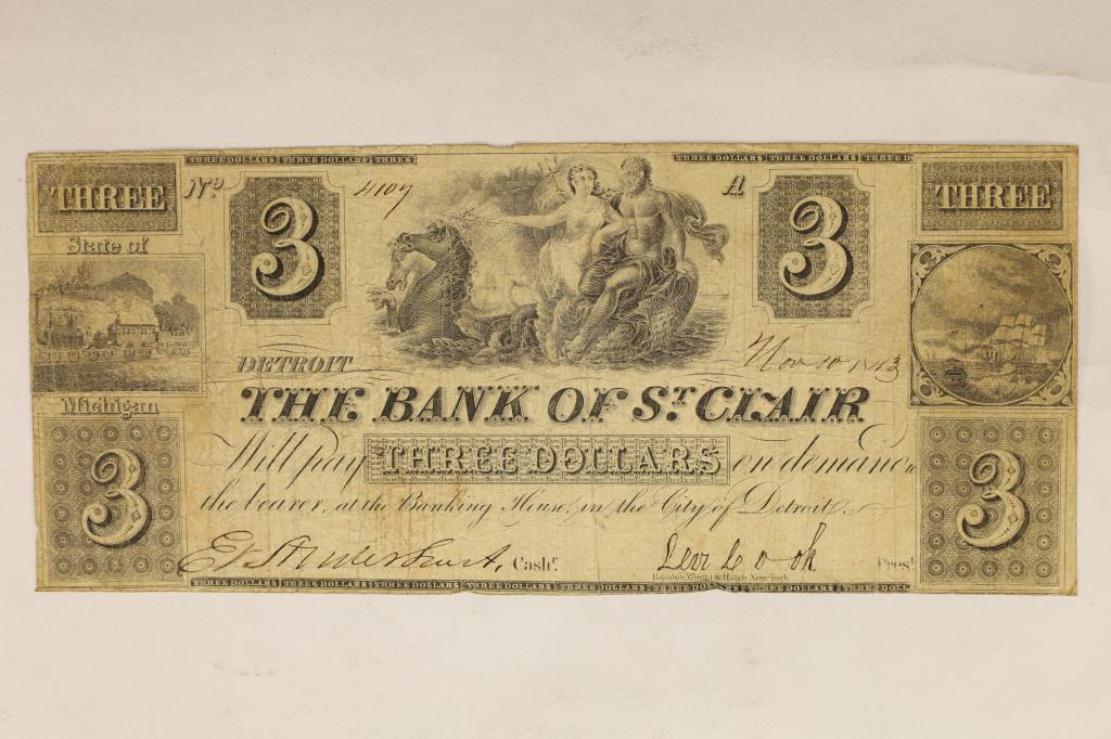 1843 BANK OF SINCLAIR MICHIGAN $3 OBSOLETE BANK: NOTE HAND SIGNED AND NUMBERED