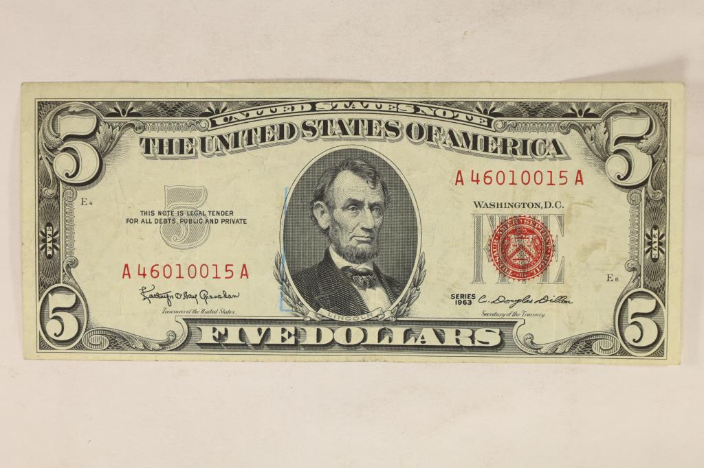 1963 US $5 RED SEAL NOTE WITH BLUE INK MARK NEAR (1 of 2)