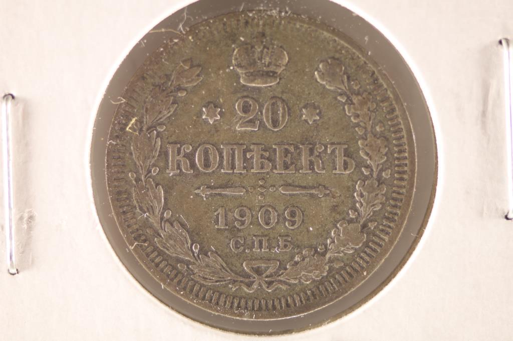 1909 RUSSIA SILVER 20 KOPEKS: WATCH FOR OUR NEXT AUCTION ON MONDAY JULY 4TH, 2022 AT 7 PM EDT