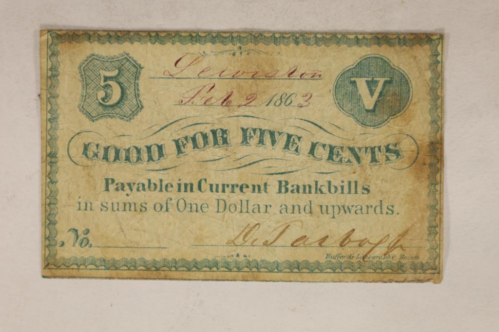1863-5 CENT OBSOLETE BANK NOTE: HAND SIGNED (1 of 2)
