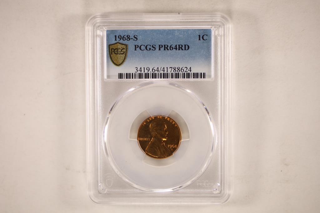 1968-S LINCOLN CENT PCGS PR64RD GOLD SHIELD LABEL (1 of 2)
