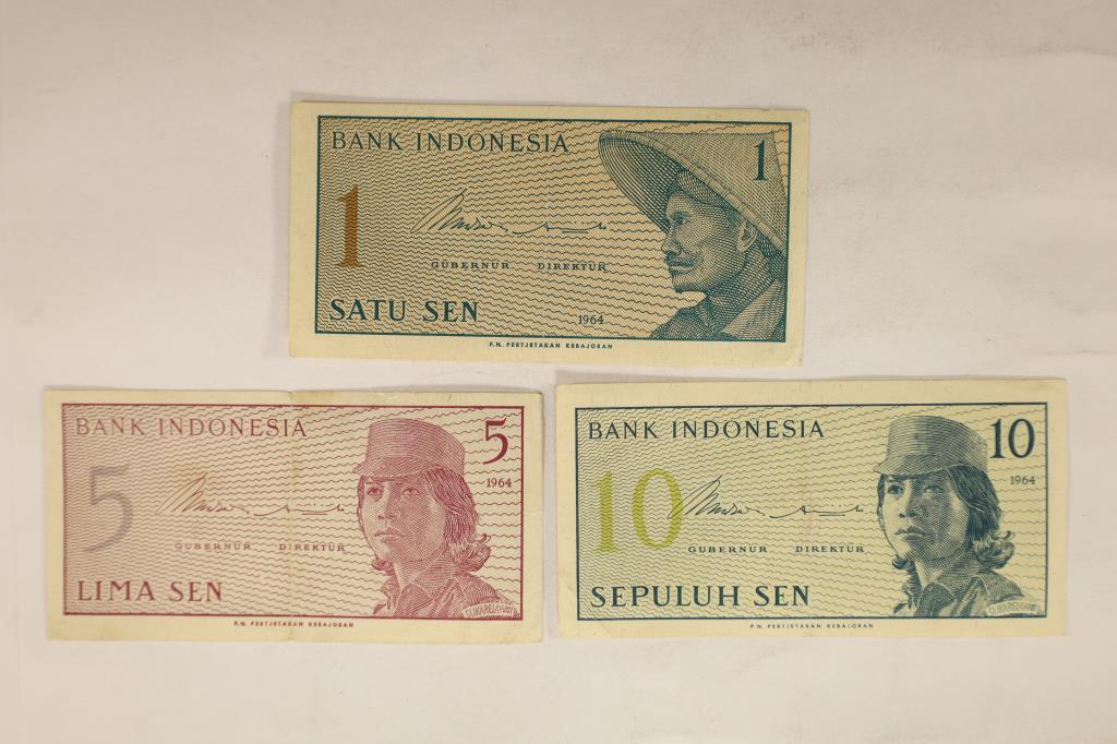 3-1964 BANK OF INDONESIA NOTES: 1 , 5 & 10 SEN (1 of 2)