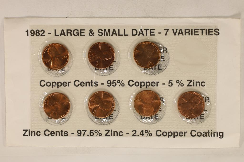 1982 LINCOLN CENT 7 VARIETY SET INCLUDES:: P & D LARGE DATE, D-SMALL DATE (COPPER) AND P & D LARGE AND SMALL DATE COINS