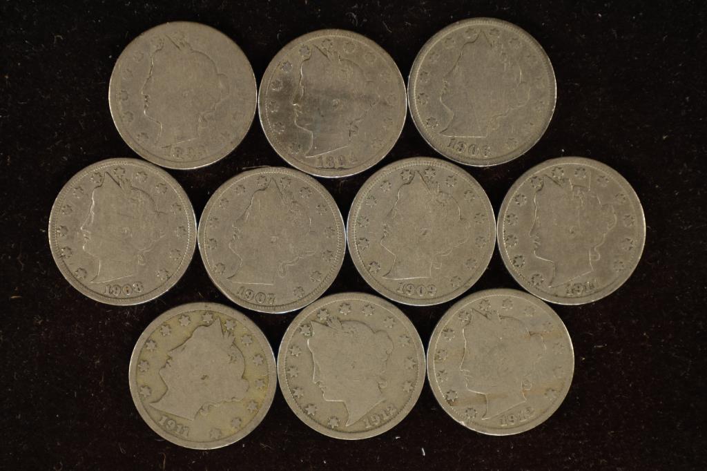 10 ASSORTED LIBERTY "V" NICKELS: 1893-1912-D: WATCH FOR OUR NEXT AUTION ON MON. JULY 11TH, 2022 AT 7 PM EDT