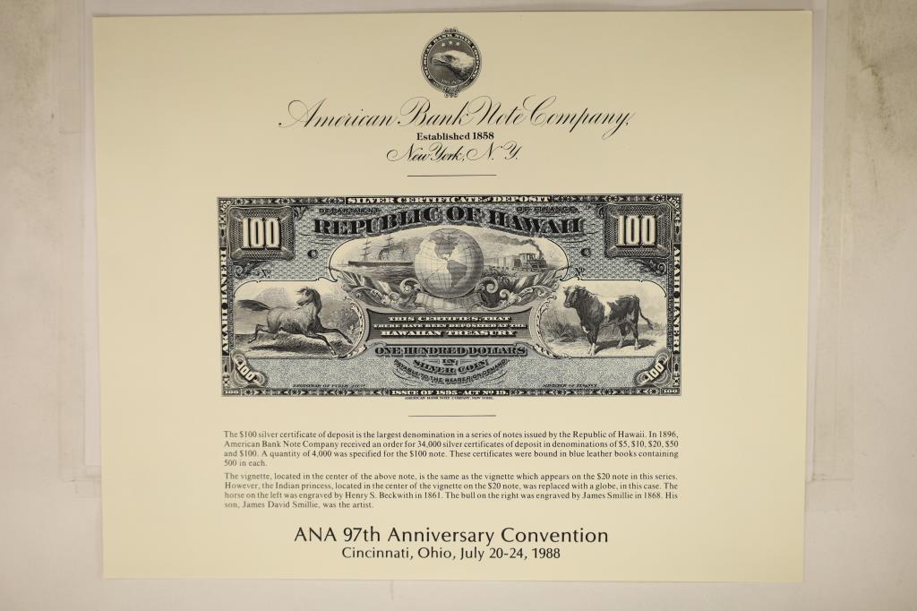 1988 ANA 97TH ANNIVERSARY CONVENTION SOUVENIR: CARD FEATURING THE OBV. OF AN 1896 INTAGLIO REPUBLIC OF HAWAII $100 SILVER CERTIFICATE, PRINTED BY THE AMERICAN BANK NOTE COMPANY