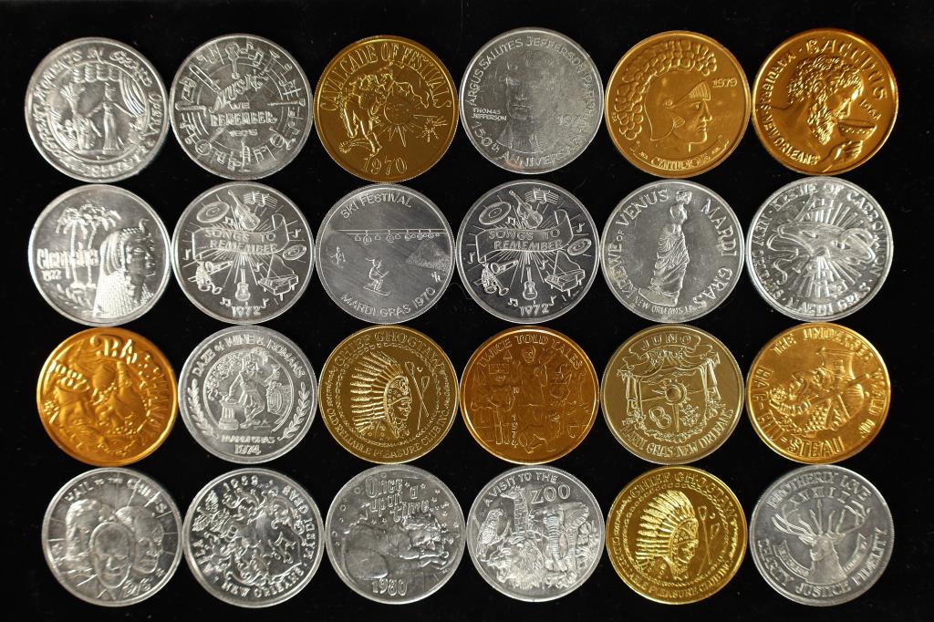 24 ASSORTED ALUMINUM MARDI GRAS TOKENS: WATCH FOR OUR NEXT AUTION ON MON. JULY 11TH, 2022 AT 7 PM EDT