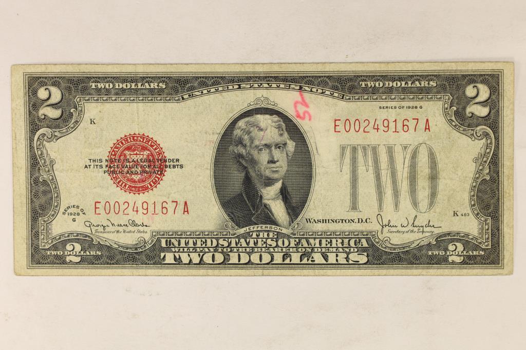 1928-G $2 US NOTE RED SEAL NOTE. WRITING ON OBV.: WATCH FOR OUR NEXT AUTION ON MON. JULY 11TH, 2022 AT 7 PM EDT