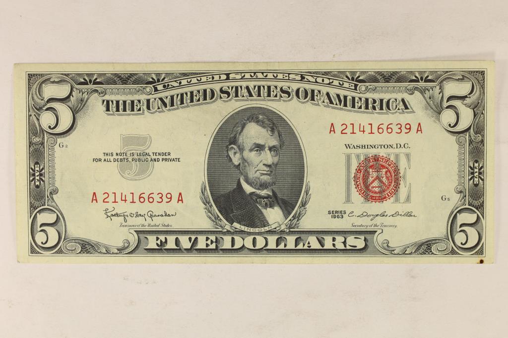 1963 $5 US NOTE RED SEAL CRISP SMALL SPOT ON LOWER (1 of 2)