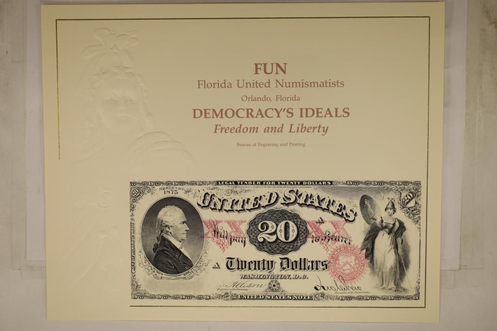 FUN ORLANDO FLORIDA SOUVENIR CARD FEATURING AN: INTAGLIO IMPRINT OF AN OBVERSE OF A 1875 US $20 LEGAL TENDER, PRINTED BY THE BUREAU OF ENGRAVING AND PRINTING