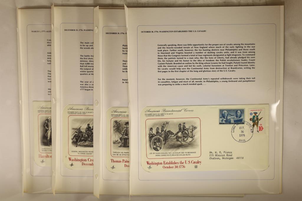 4 FIRST DAY ISSUE ENVELOPES WITH CANCELLED: STAMPS ON INFORMATIONAL CARD: 1976 WASHINGTON ESTABLISHES THE U.S. CAVALRY, 1976 THOMAS PAINE PUBLISHES "CRISIS PAPERS", 1976 WASHINGTON CROSSES THE DELAWARE AND 1977 HAMILTON JOINS WASHINGTON'S STAFF