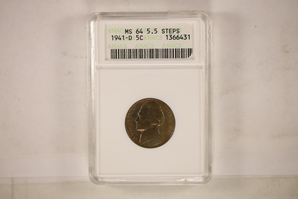 1941-D JEFFERSON NICKEL ANACS MS64 5.5 STEPS: WATCH FOR OUR NEXT AUTION ON MON. JULY 11TH, 2022 AT 7 PM EDT