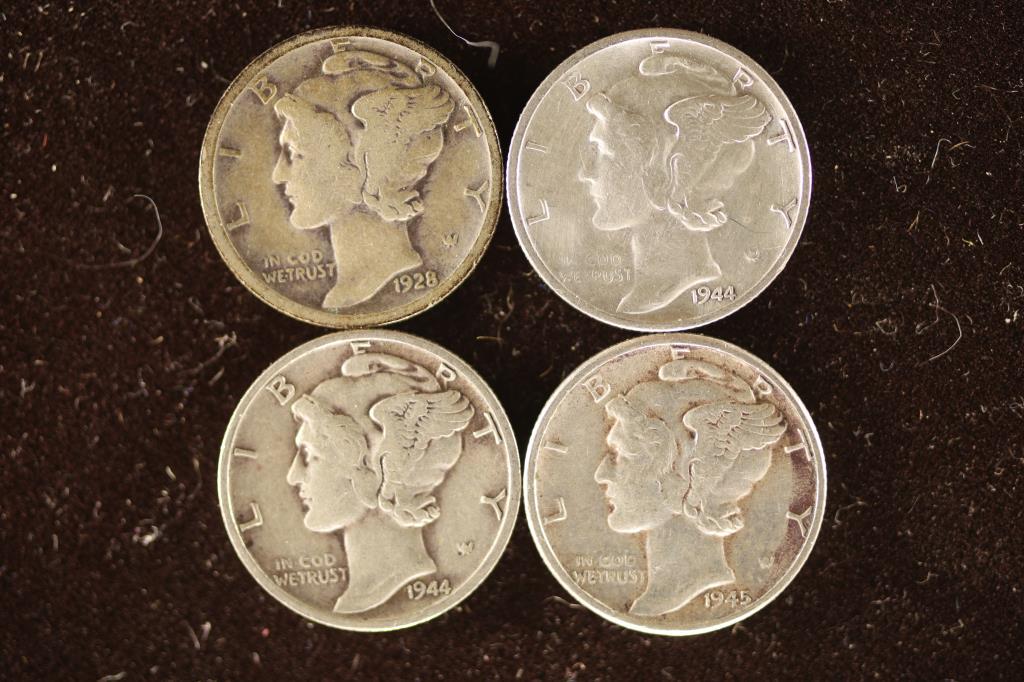1928-D, 2-1944-S & 1945 SILVER MERCURY DIMES: WATCH FOR OUR NEXT AUTION ON MON. JULY 11TH, 2022 AT 7 PM EDT