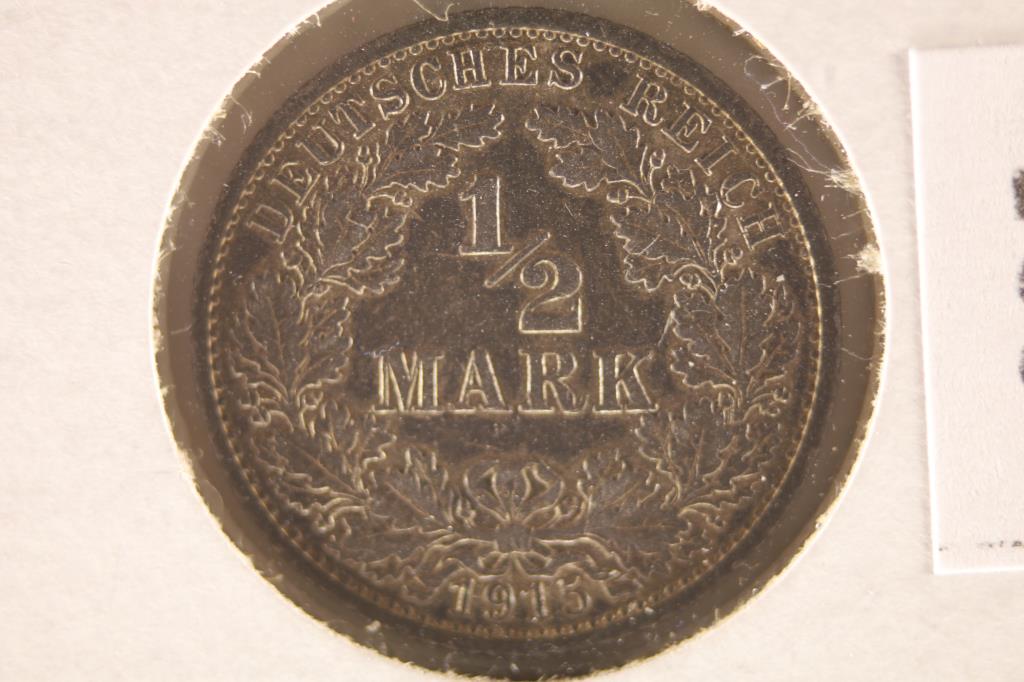 1915-A GERMAN SILVER 1/2 MARK TONED: WATCH FOR OUR NEXT AUTION ON MON. JULY 11TH, 2022 AT 7 PM EDT