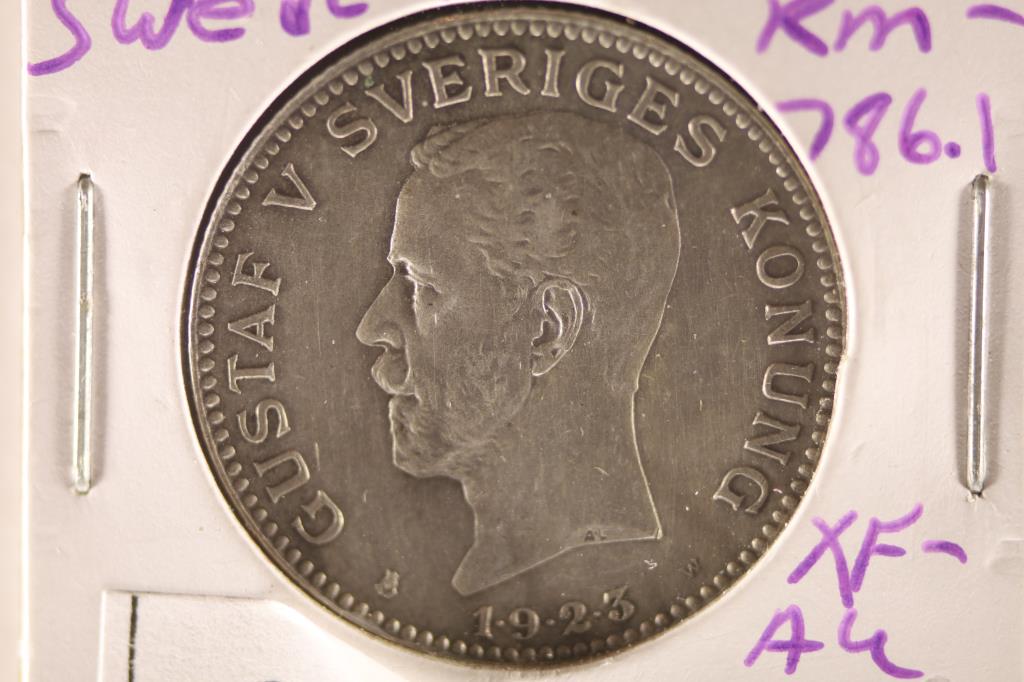 1923 SWEDEN SILVER 1 KRONA COIN XF-AU: WATCH FOR OUR NEXT AUTION ON MON. JULY 11TH, 2022 AT 7 PM EDT