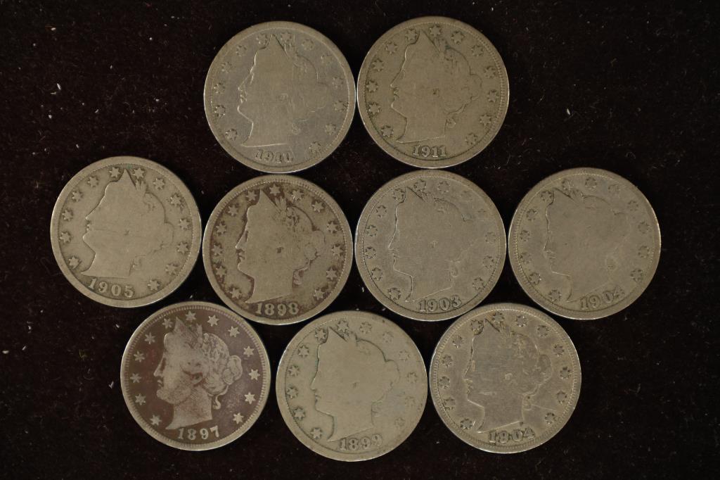 9-1897-1911 LIBERTY "V" NICKELS: WATCH FOR OUR NEXT AUCTION ON MONDAY JULY 18TH, 2022 AT 7 PM EDT