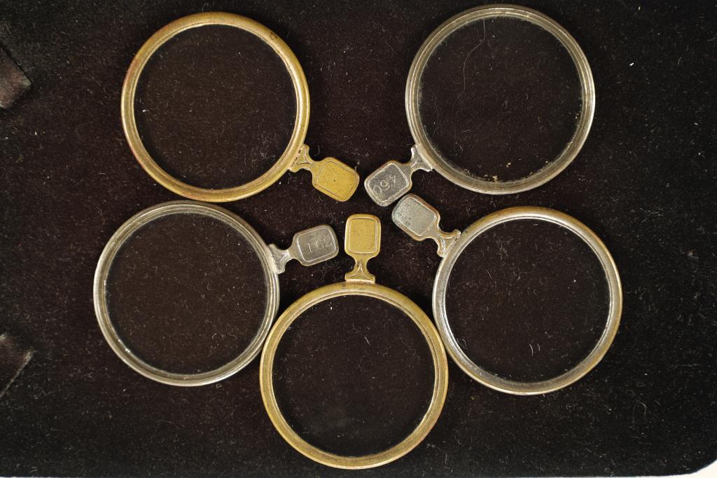 5 VINTAGE OPTICAL TEST LENSES: WATCH FOR OUR NEXT AUCTION ON MONDAY JULY 18TH, 2022 AT 7 PM EDT