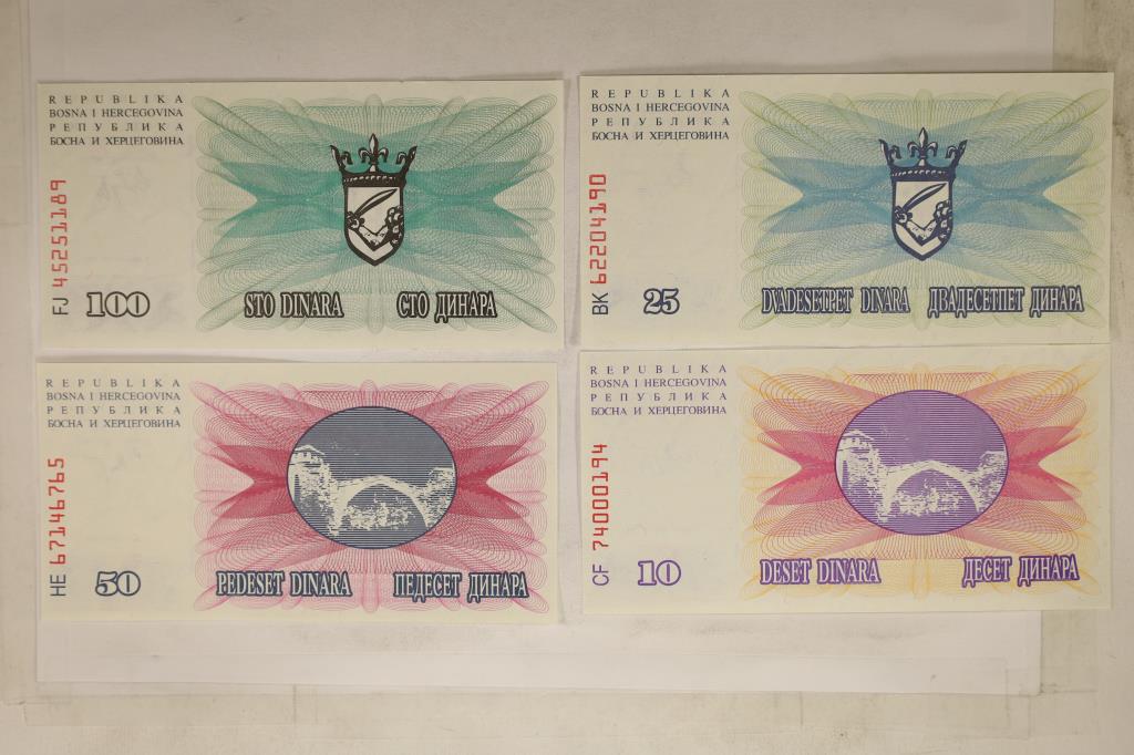 4-1992 BOSNIA CRISP UNC BILLS: 10 DINARA, 25: DINARA, 50 DINARA AND 100 DINARA