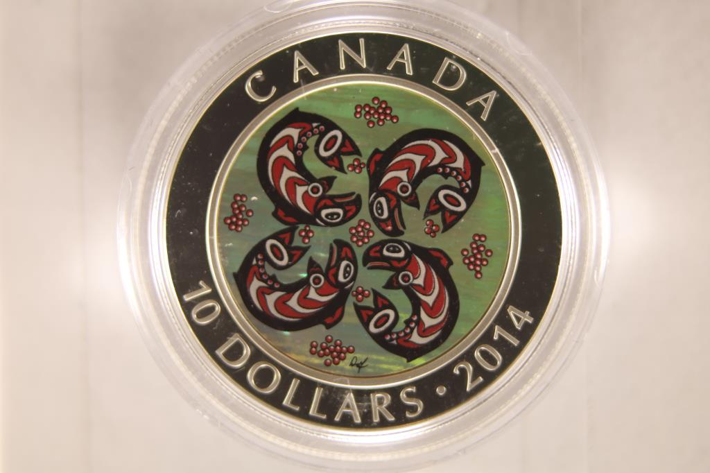 2014 CANADA SILVER $10 COIN.  SALMON DESIGN, PROOF (1 of 2)