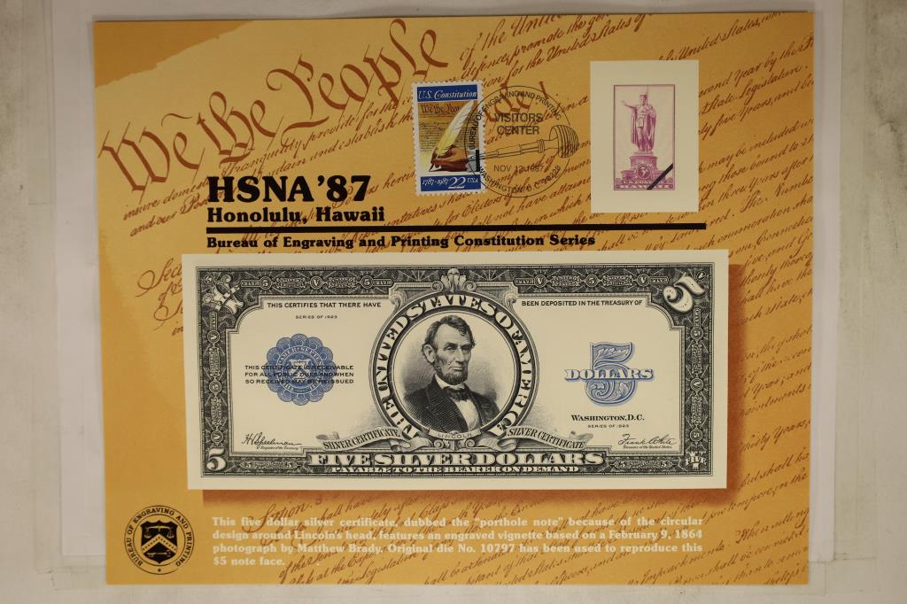 HSNA '87 HONOLULU HAWAII SOUVENIR CARD FEATURING: THE OBVERSE OF A 1923 $5 US SILVER CERTIFICATE "PORTHOLE NOTE", PRINTED BY THE BUREAU OF ENGRAVING AND PRINTING