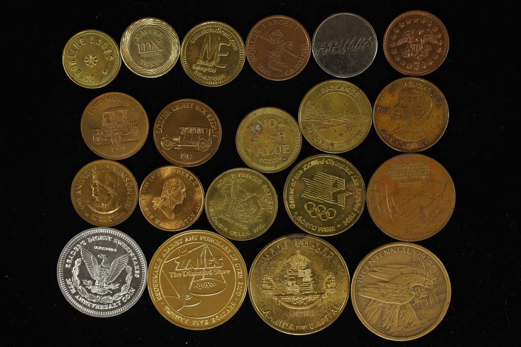 20 ASSORTED VINTAGE METAL TOKENS: PRESIDENTIAL, (1 of 2)