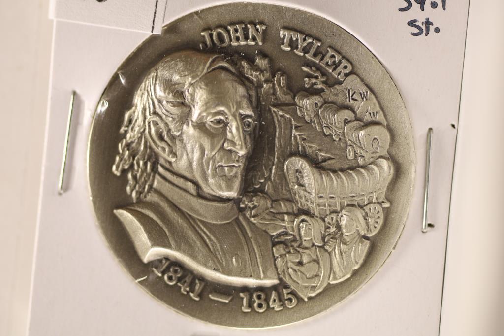 34.1 GRAMS STERLING SILVER HIGH RELIEF JOHN TYLER: PRESIDENTIAL ROUND, ANTIQUE FINISH, UNC, 1.014 OZ. ASW