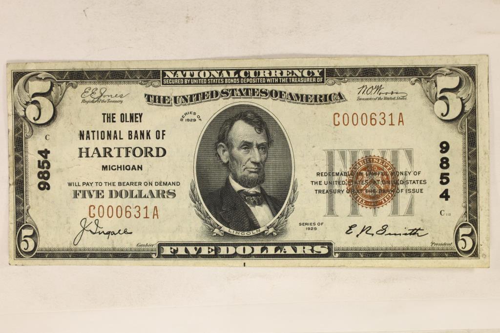 1929 THE OLNEY NATIONAL BANK OF HARTFORD $5 US (1 of 2)