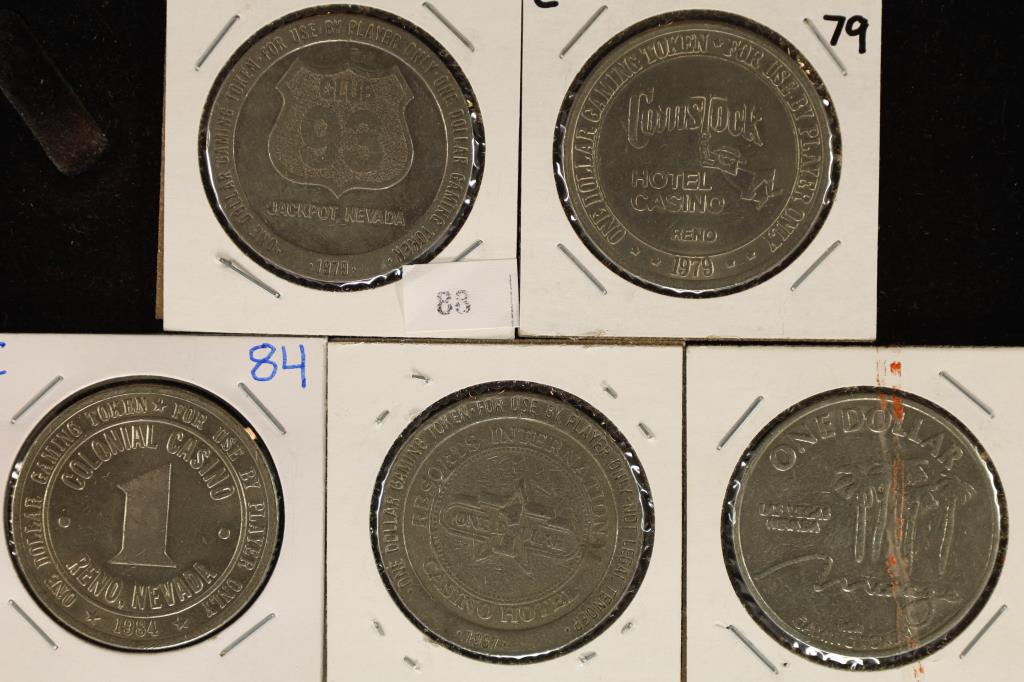 5 ASSORTED $1 GAMING TOKENS: 1979 CLUB 93 JACKPOT (1 of 2)